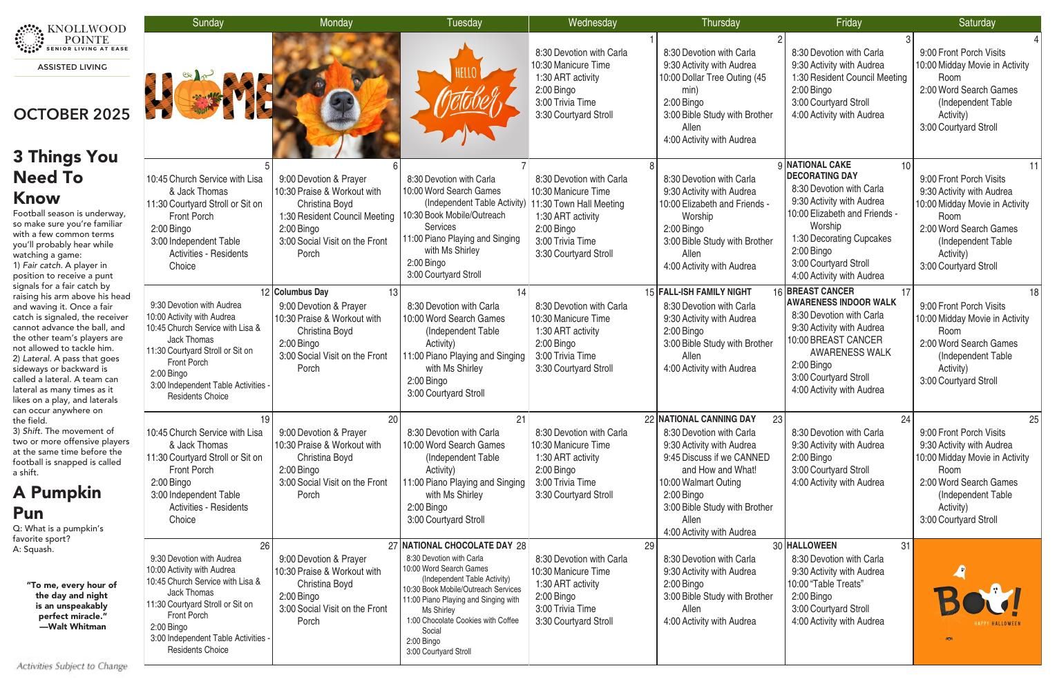 Assisted Living Event Calendar
